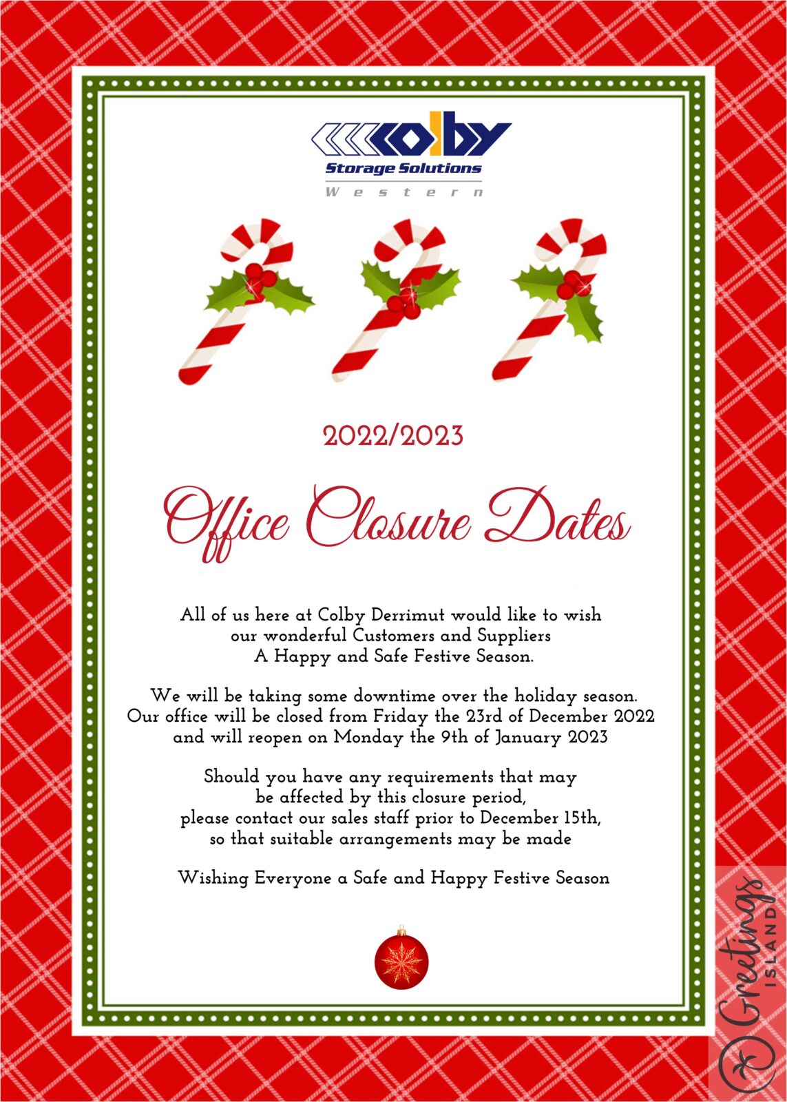 Holiday Closure dates 22/23 Colby Derrimut