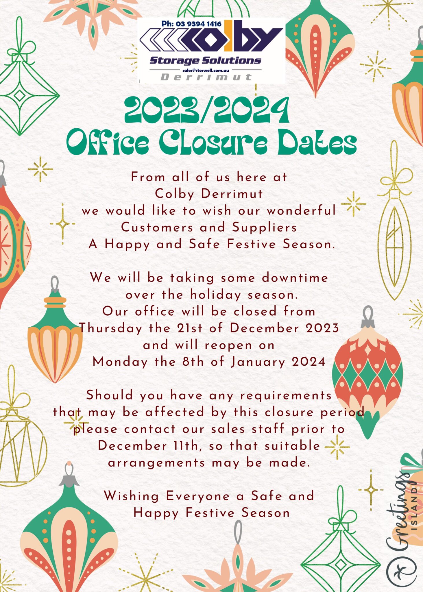 2023/2025 Holiday Closure Dates Colby Derrimut